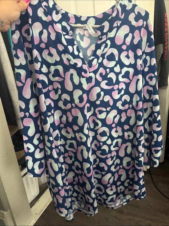 Dear Scarlett Tops - Navy Leopard Print V-Neck Tunic with Pastel Accents